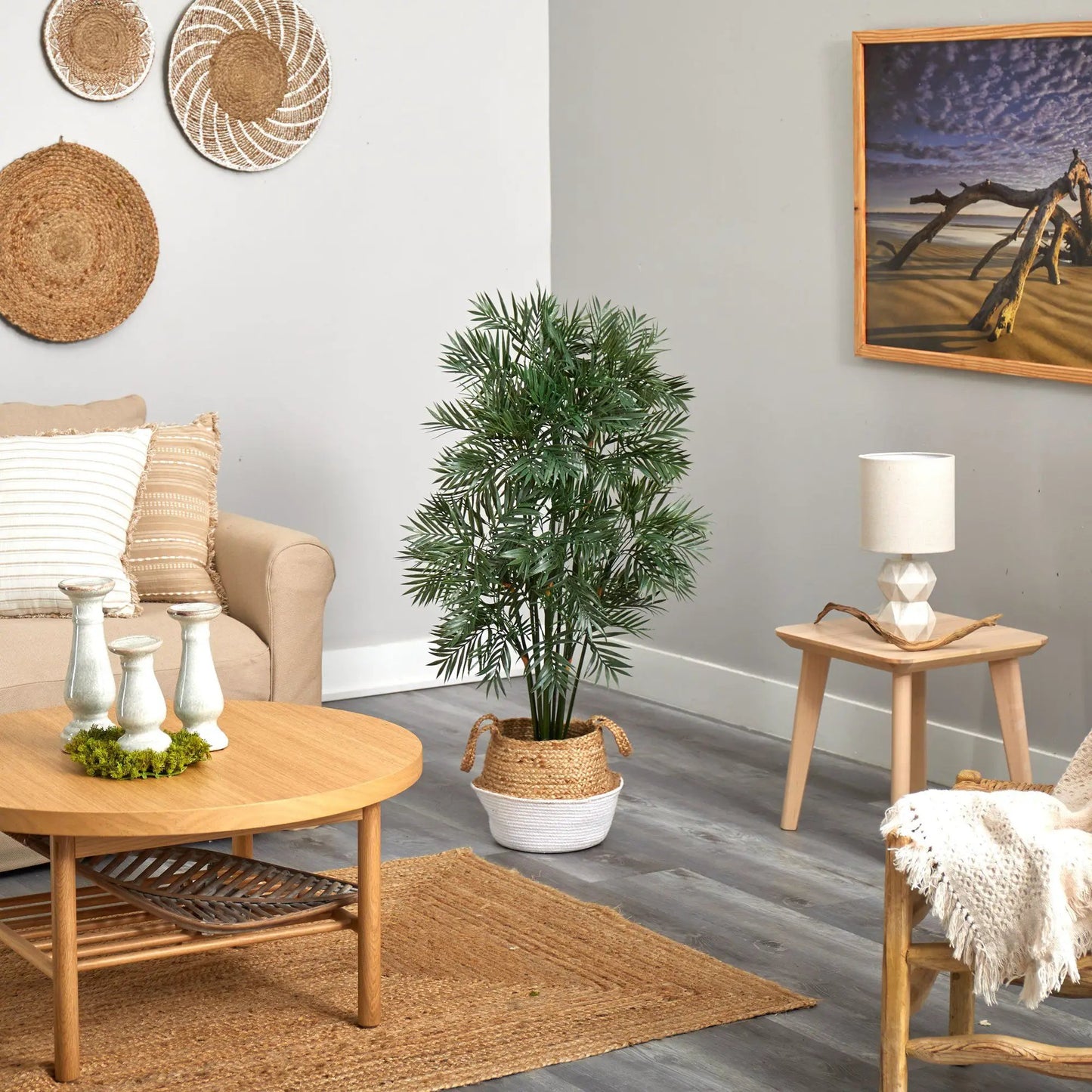 Parlor Palm Artificial Tree in Boho Planter with woven natural-fiber pot and green fronds on Tampa Home & Garden Store