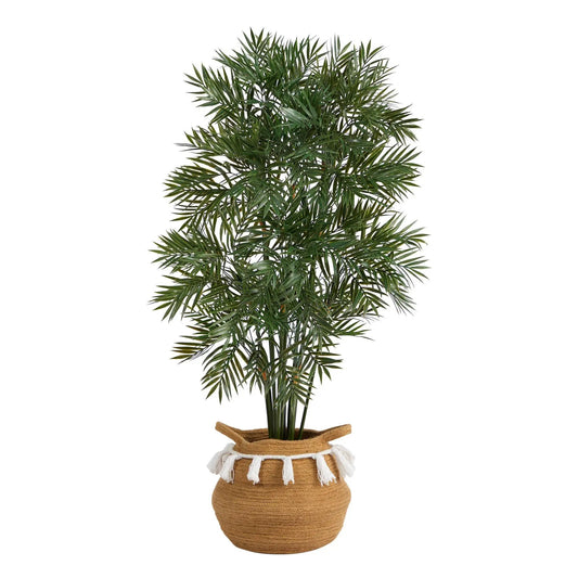 Parlor Palm artificial tree by Nearly Natural in a boho woven planter with tassels, green fronds on Tampa Home & Garden Store
