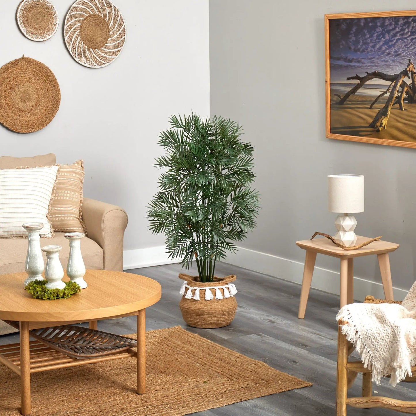 Parlor Palm artificial tree in boho chic woven planter with tassels, Nearly Natural on Tampa Home & Garden Store