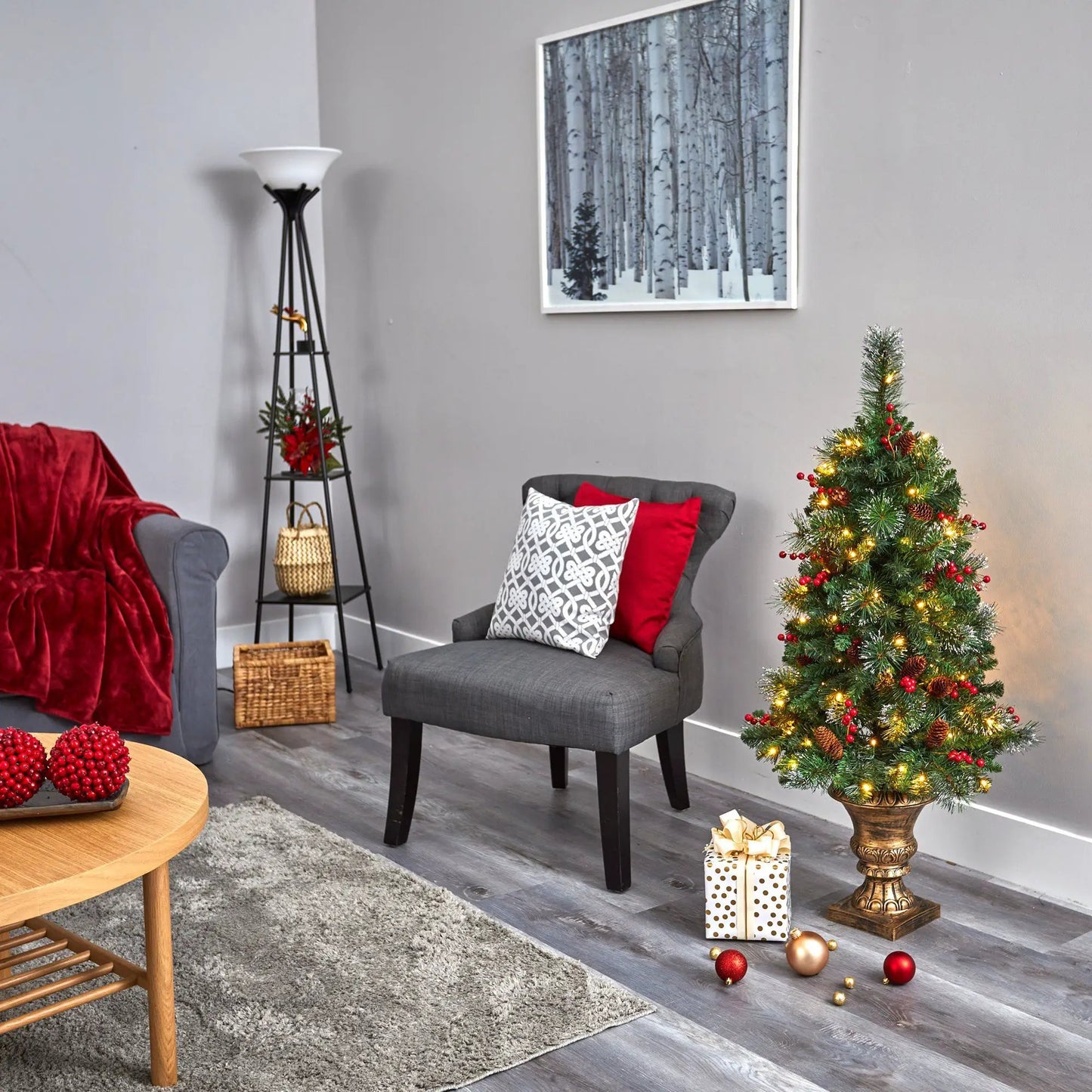 Artificial Pinecone and Berries Christmas Tree with warm white LED lights and red berry accents on Tampa Home & Garden Store