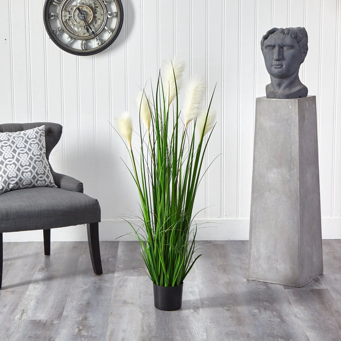 4 ft plum grass artificial plant in black pot with green blades and white plumes on Tampa Home & Garden Store