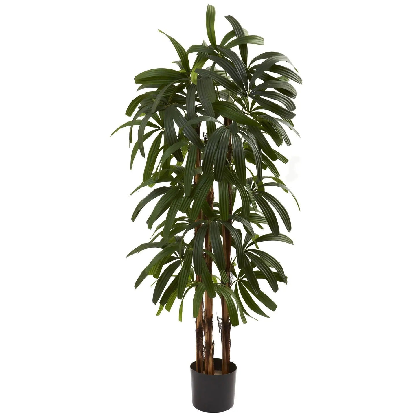 4 ft artificial Rhapis palm tree in dark brown trunk with green fronds in a black planter on Tampa Home & Garden Store