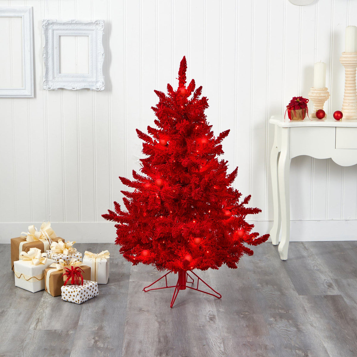 4' Red Flocked Fraser Fir Christmas tree by Nearly Natural with lights on red stand on Tampa Home & Garden Store