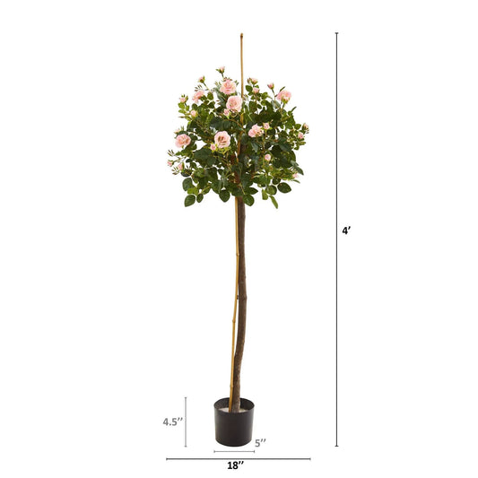 4 ft rose topiary silk artificial tree with pink roses, green leaves in a black pot on Tampa Home & Garden Store