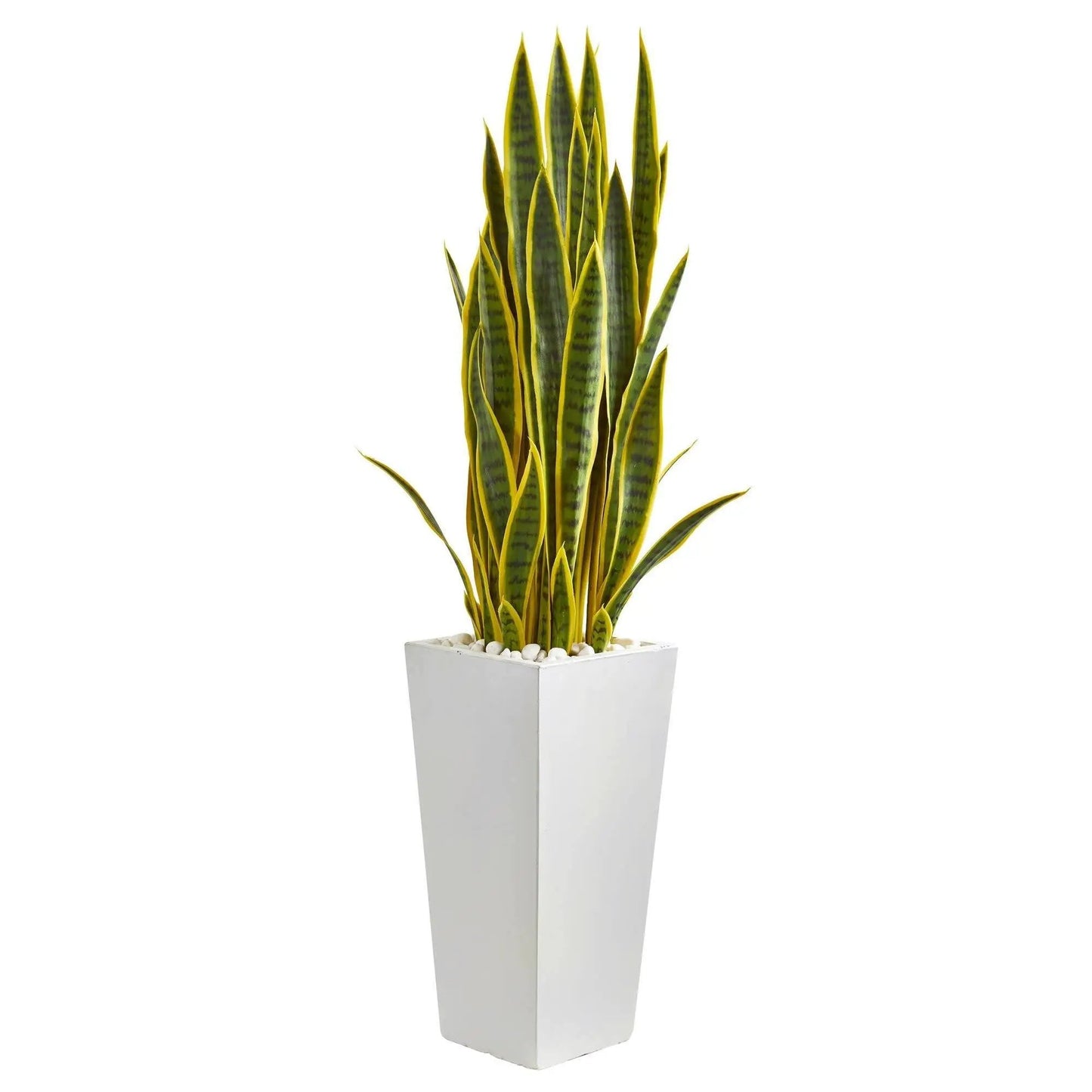 4 ft Sansevieria artificial plant with green-yellow leaves in white square planter on Tampa Home & Garden Store