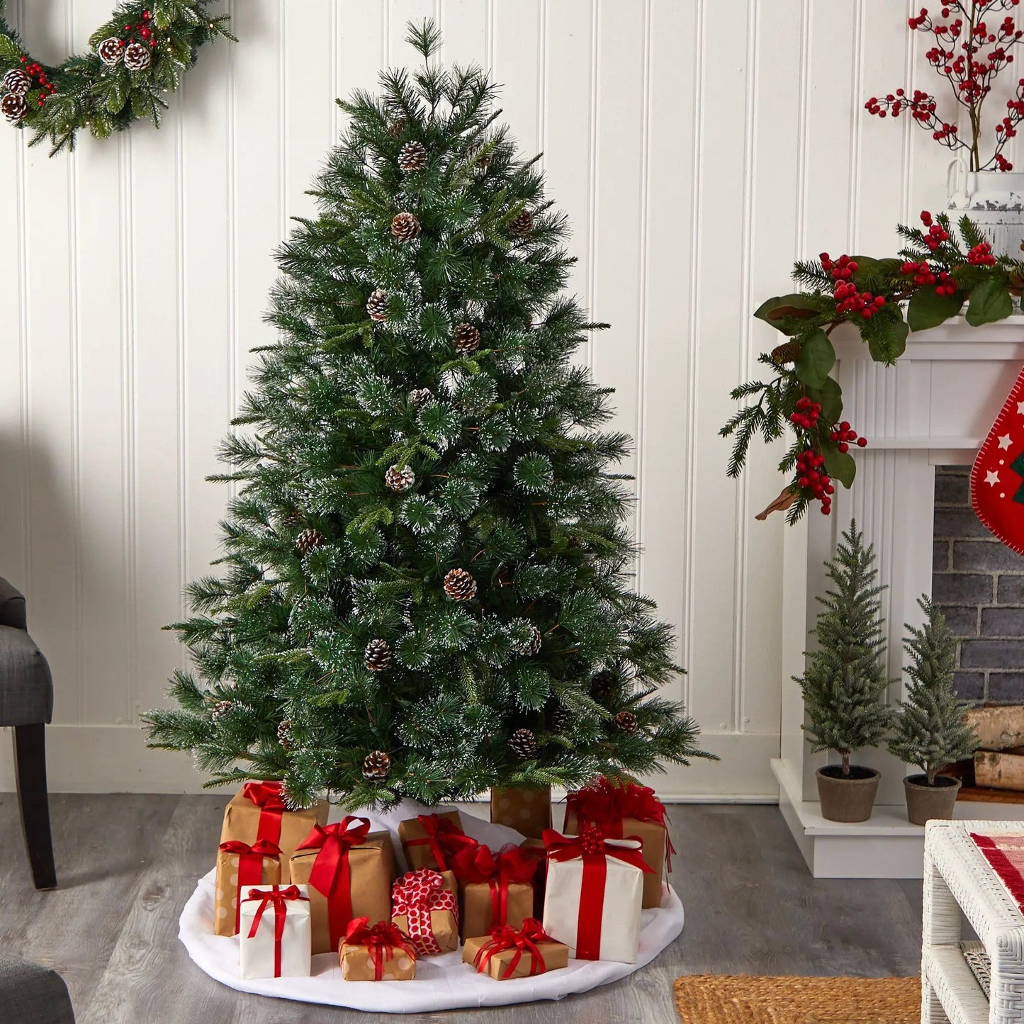 Snowed Tipped Clermont Pine Christmas Tree Nearly Natural 4 ft artificial pinecone accents on Tampa Home & Garden Store