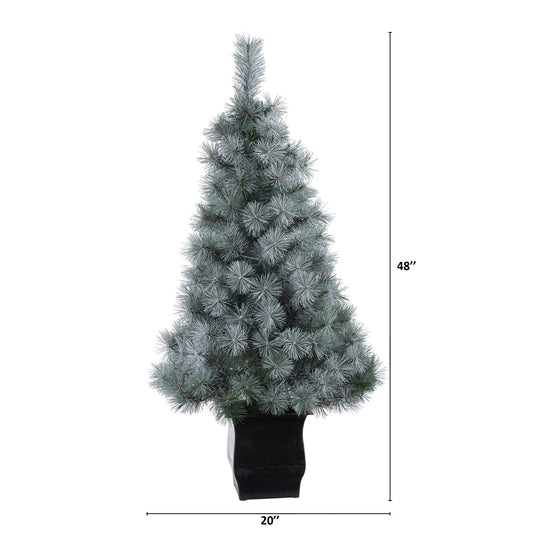 4 ft snowy mountain pine artificial Christmas tree with 150 LED lights in planter on Tampa Home & Garden Store