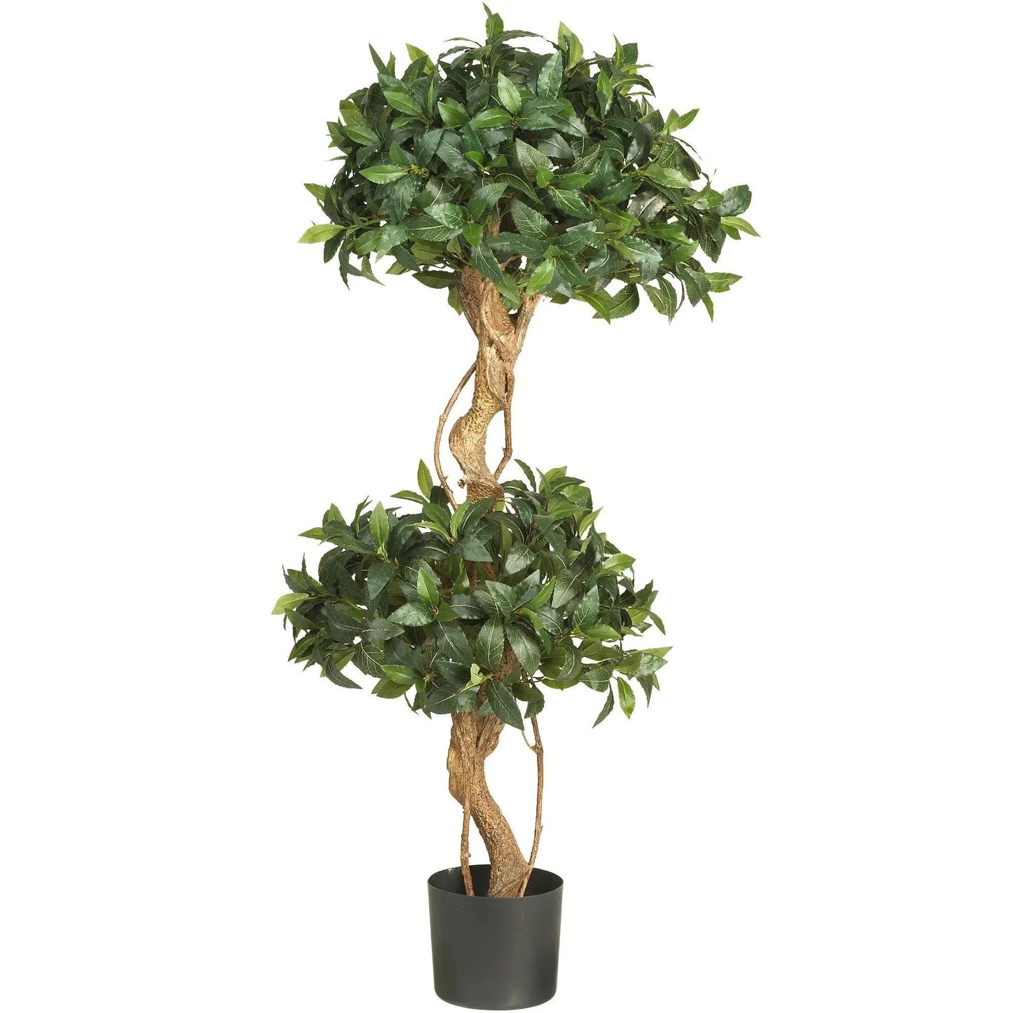 Sweet Bay Double Ball Topiary Silk Tree, 4 ft by Nearly Natural with green leaves in a black pot on Tampa Home & Garden Store