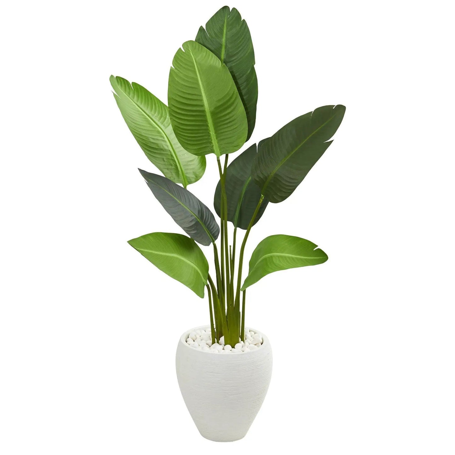 Travelers Palm Tree in Oval Planter, Nearly Natural artificial green leaves in white pebble pot on Tampa Home & Garden Store