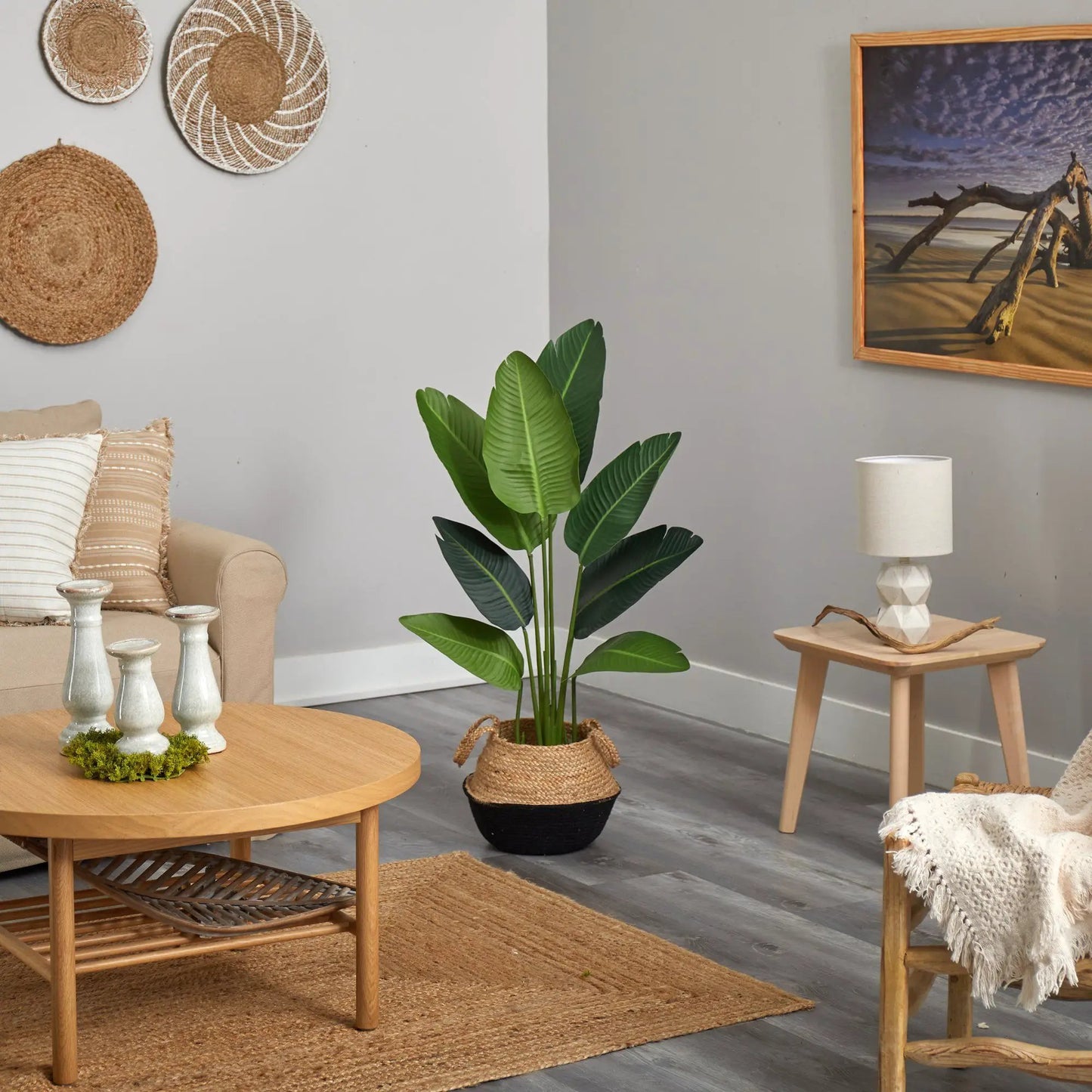 Travelers Palm artificial tree by Nearly Natural in a boho jute planter with lush green leaves on Tampa Home & Garden Store
