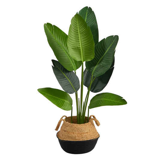 Travelers Palm artificial tree Nearly Natural in boho cotton and jute planter with rope handles on Tampa Home & Garden Store