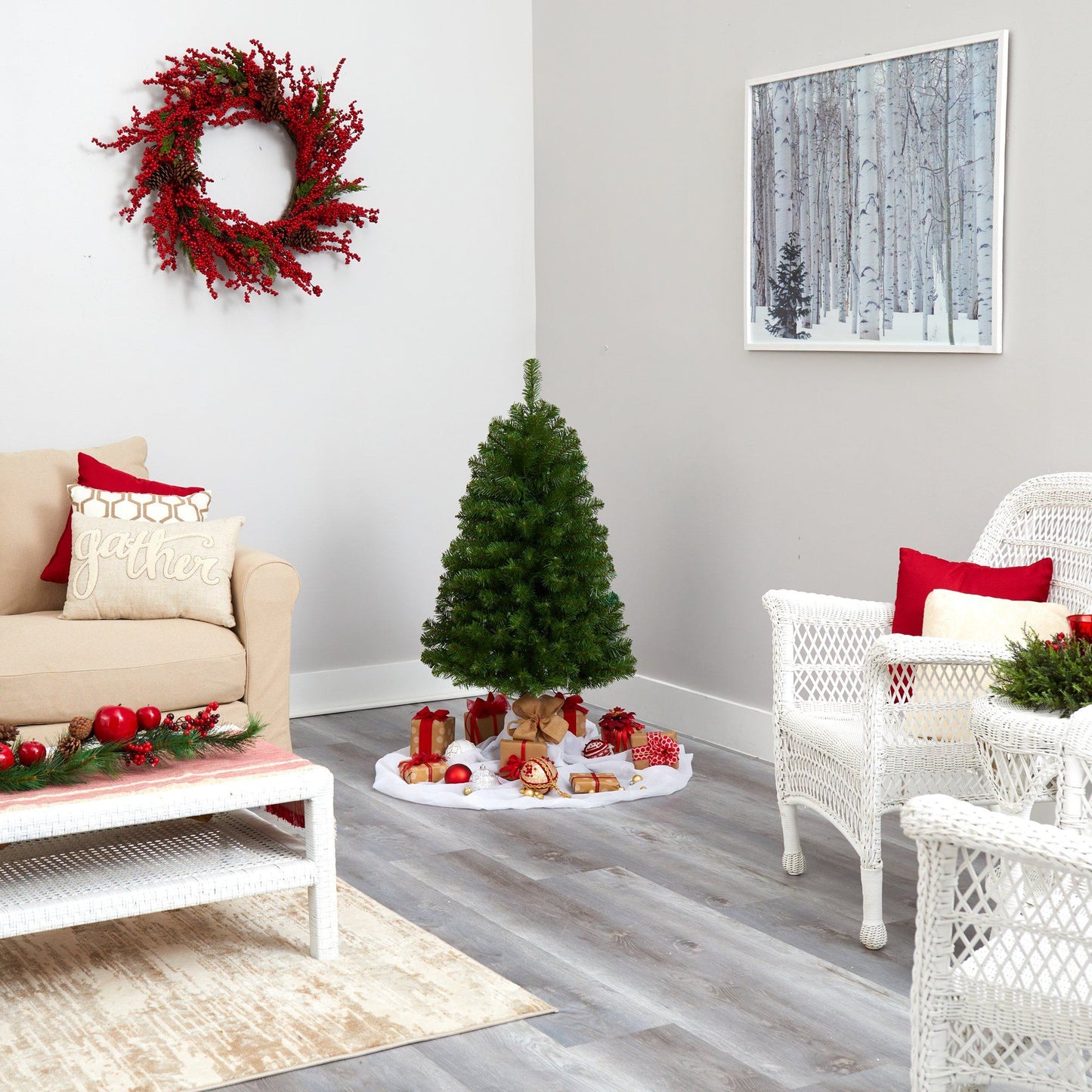 Virginia Fir Christmas Tree with 100 Lights by Nearly Natural, green tree in living room on Tampa Home & Garden Store