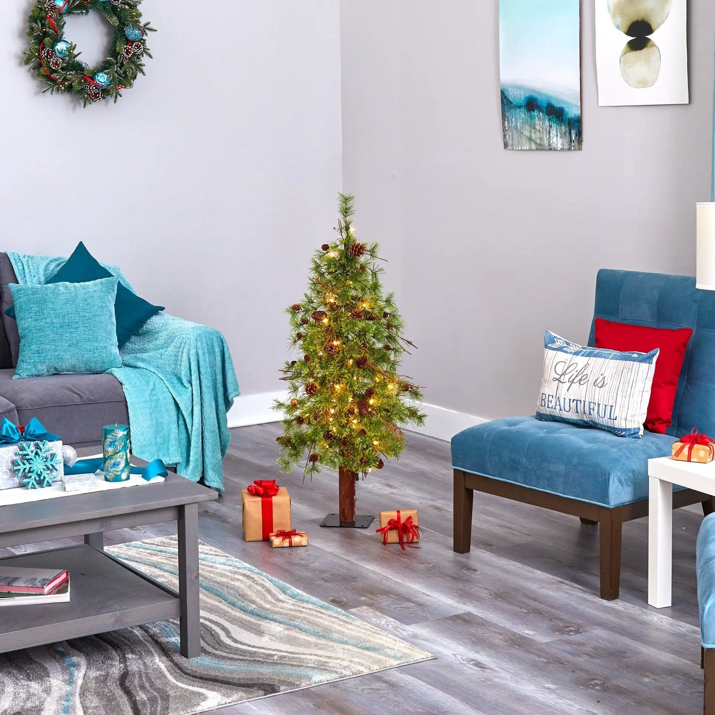 Wyoming Alpine 4ft Christmas Tree with pine cones by Nearly Natural, warm LED lights on Tampa Home & Garden Store