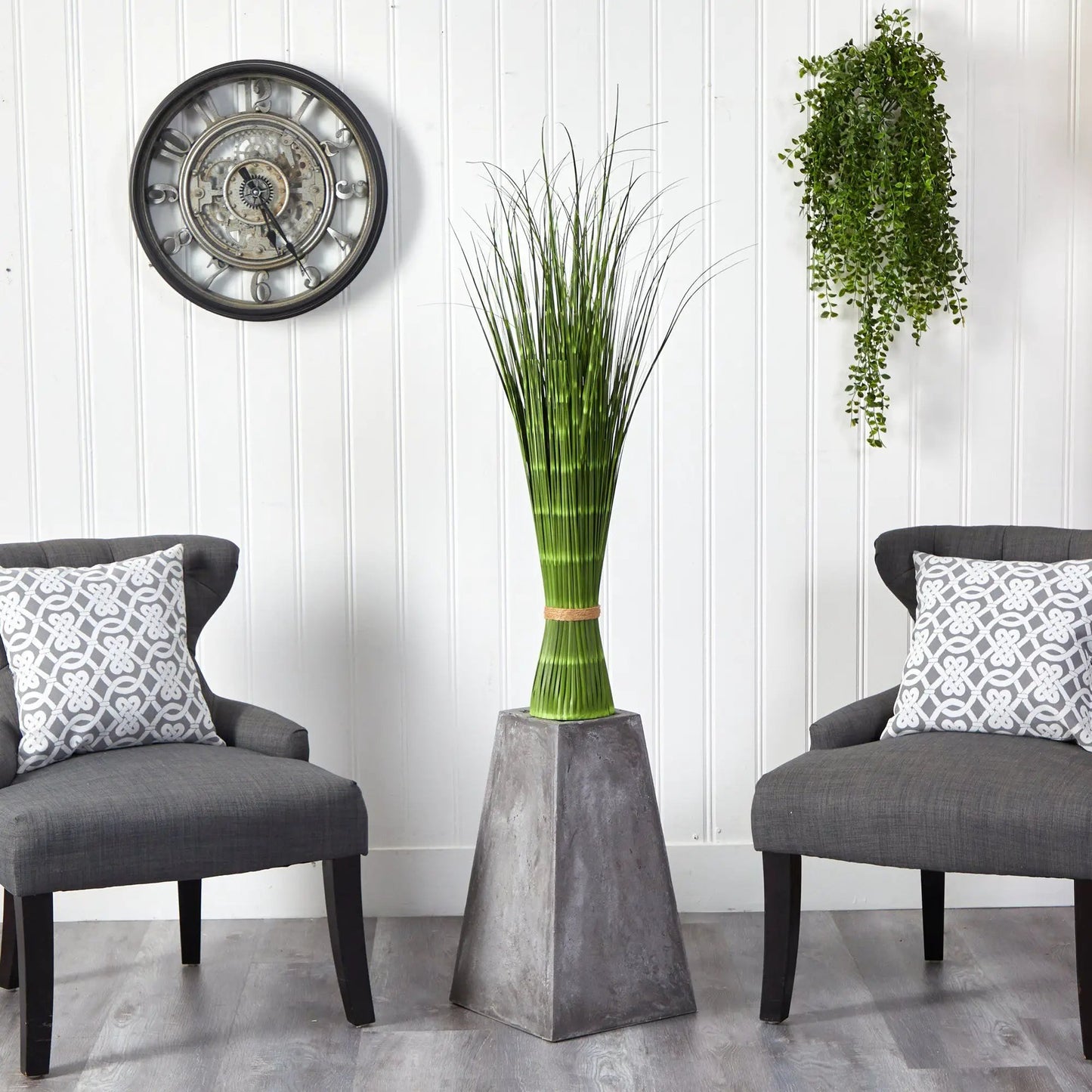40 Inch Onion Grass artificial plant by Nearly Natural in a tall bright green glass vase on Tampa Home & Garden Store