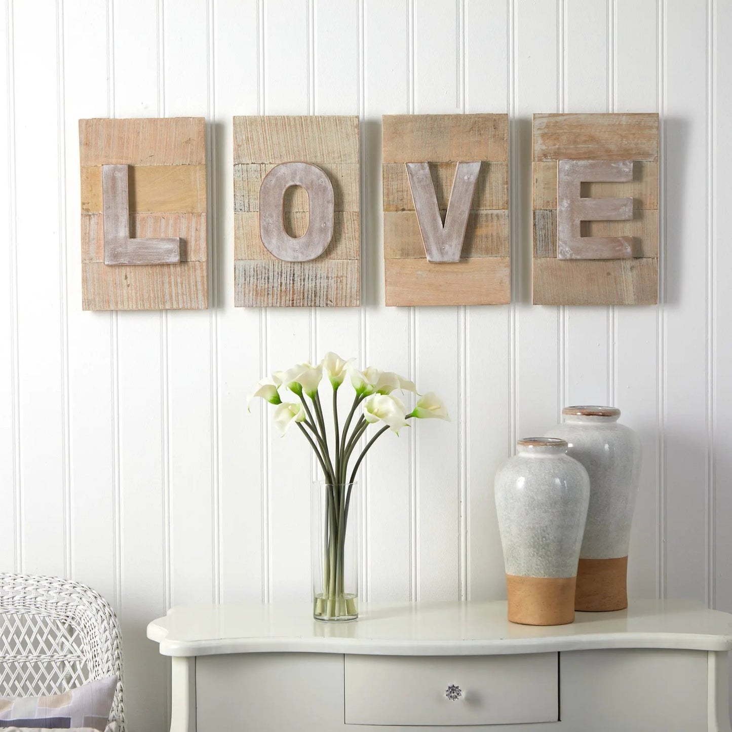 Forty Inch Rustic Farmhouse Love Wall Art on four wood panels with metallic L O V E letters on Tampa Home & Garden Store