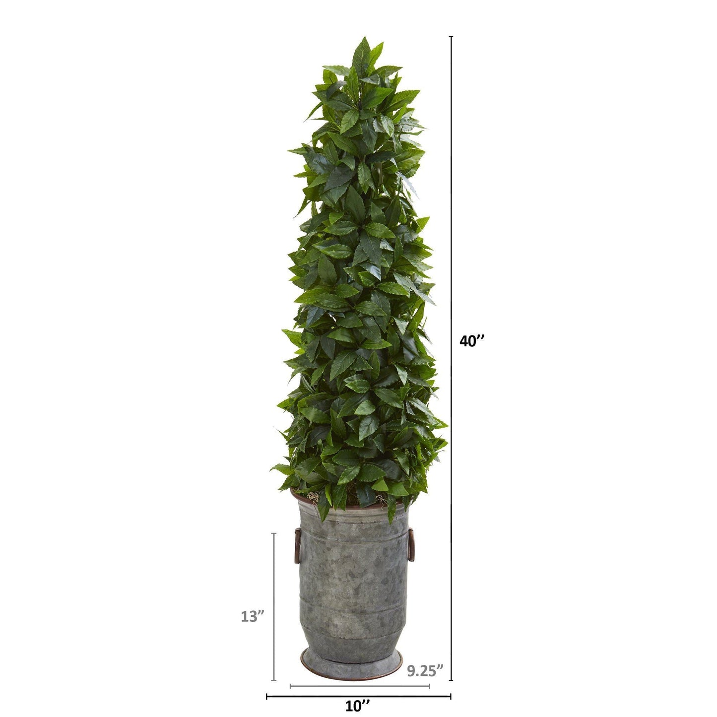 Sweet Bay cone topiary artificial tree 40in in vintage metal planter Nearly Natural green leaves on Tampa Home & Garden Store