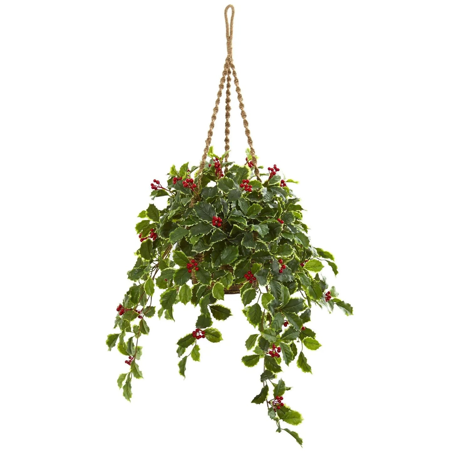 Variegated holly with berries artificial hanging plant in hanging basket by Nearly Natural on Tampa Home & Garden Store