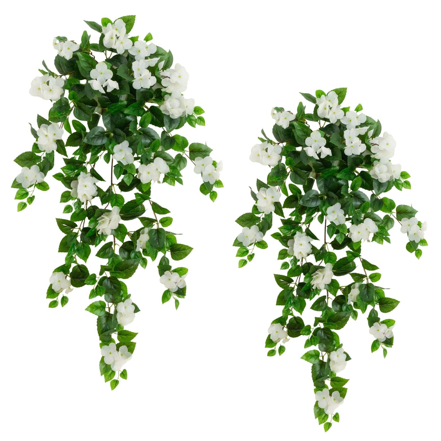 Artificial hydrangea hanging plants with white blooms, 41in UV resistant, set of 2 on Tampa Home & Garden Store