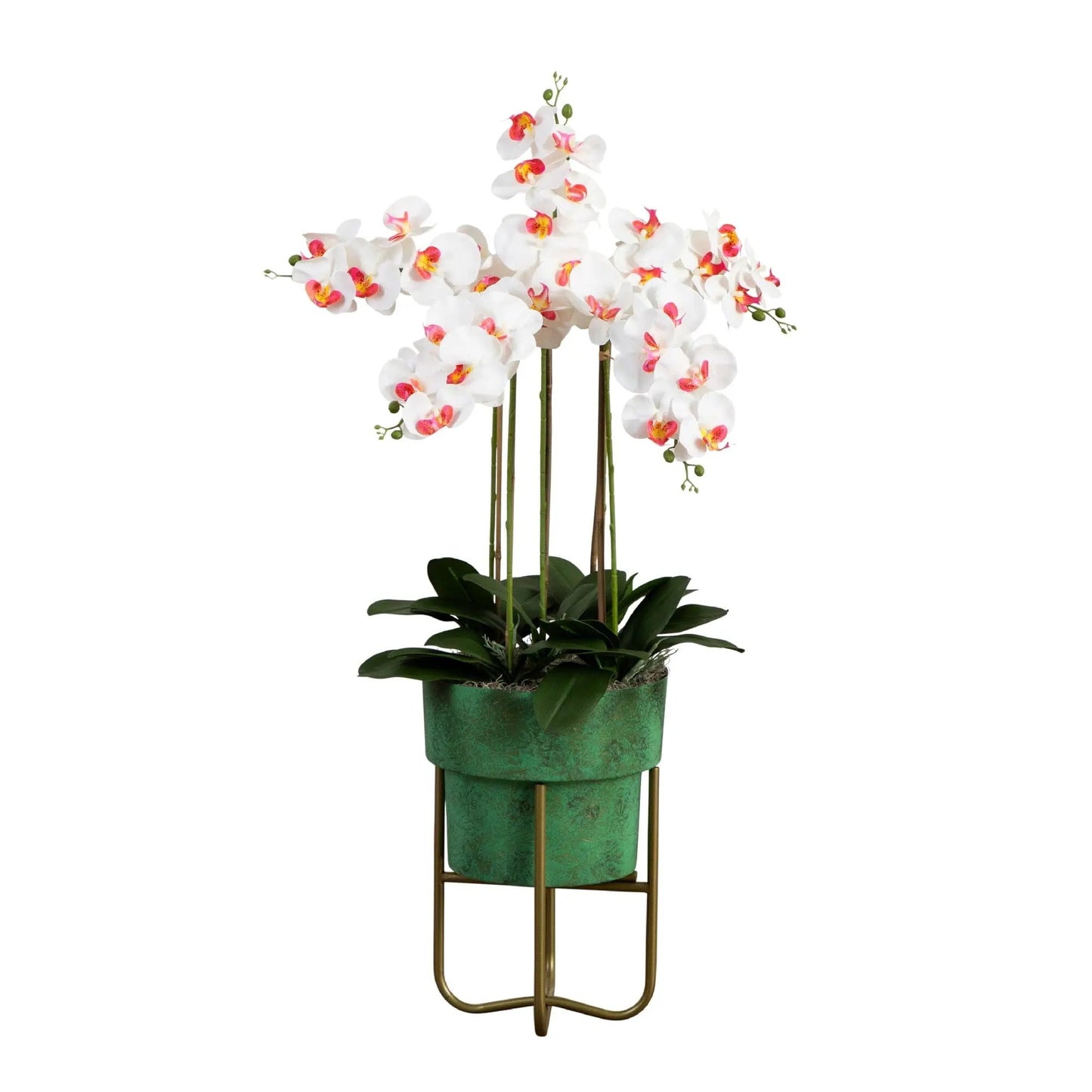 43-inch artificial orchid arrangement in patina metal planter with stand on Tampa Home & Garden Store