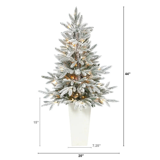 Flocked Spruce Christmas Tree with 50 Lights by Nearly Natural in planter on Tampa Home & Garden Store