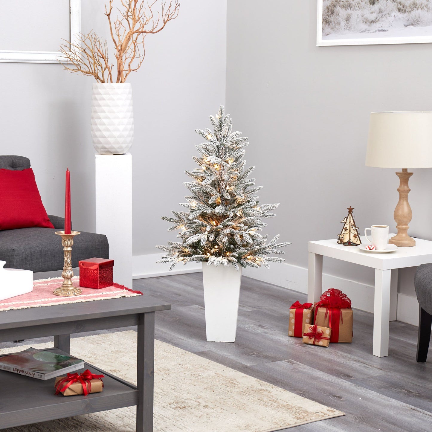 Flocked Spruce Christmas Tree with 50 Lights in white planter by Nearly Natural on Tampa Home & Garden Store