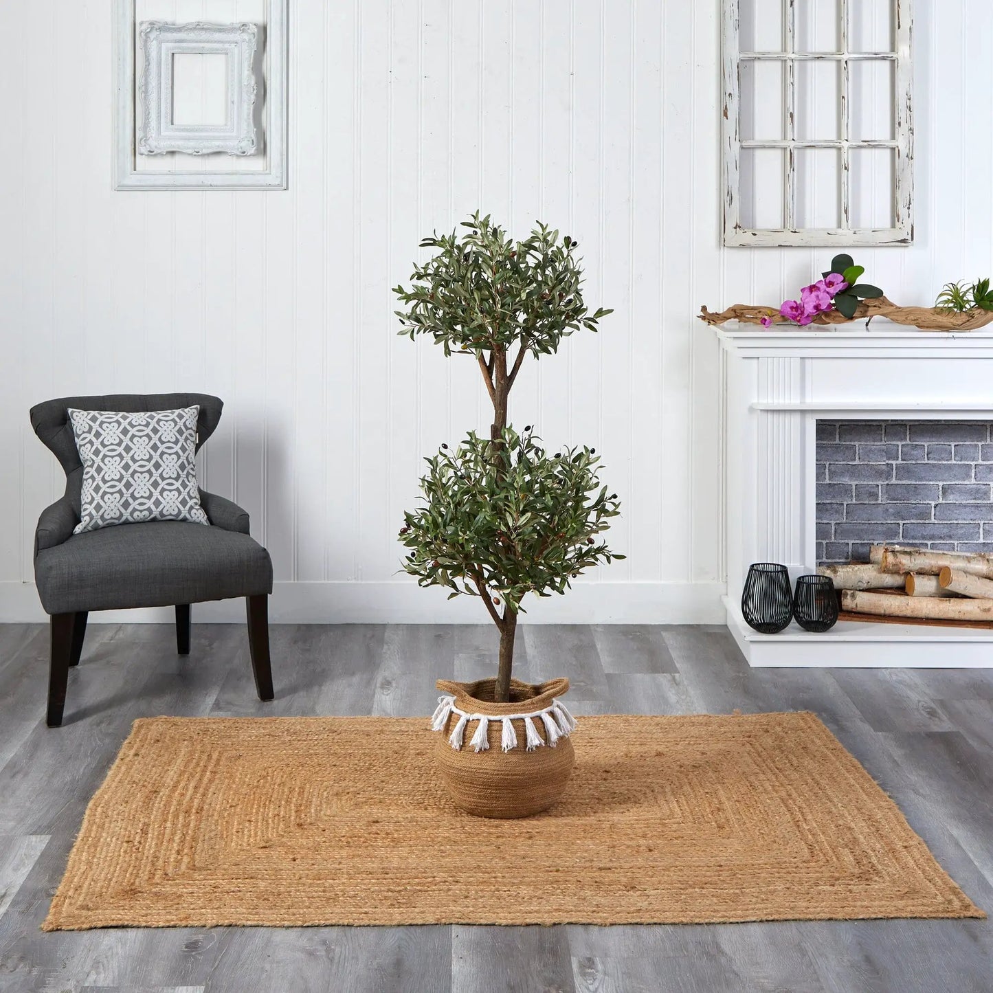 Artificial olive topiary double in handmade jute and cotton basket with tassels on Tampa Home & Garden Store