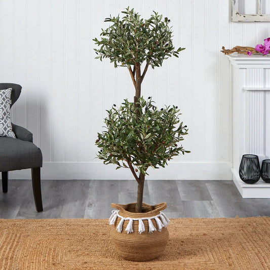 Artificial Olive Topiary Double with green leaves in a jute basket with tassels Nearly Natural on Tampa Home & Garden Store