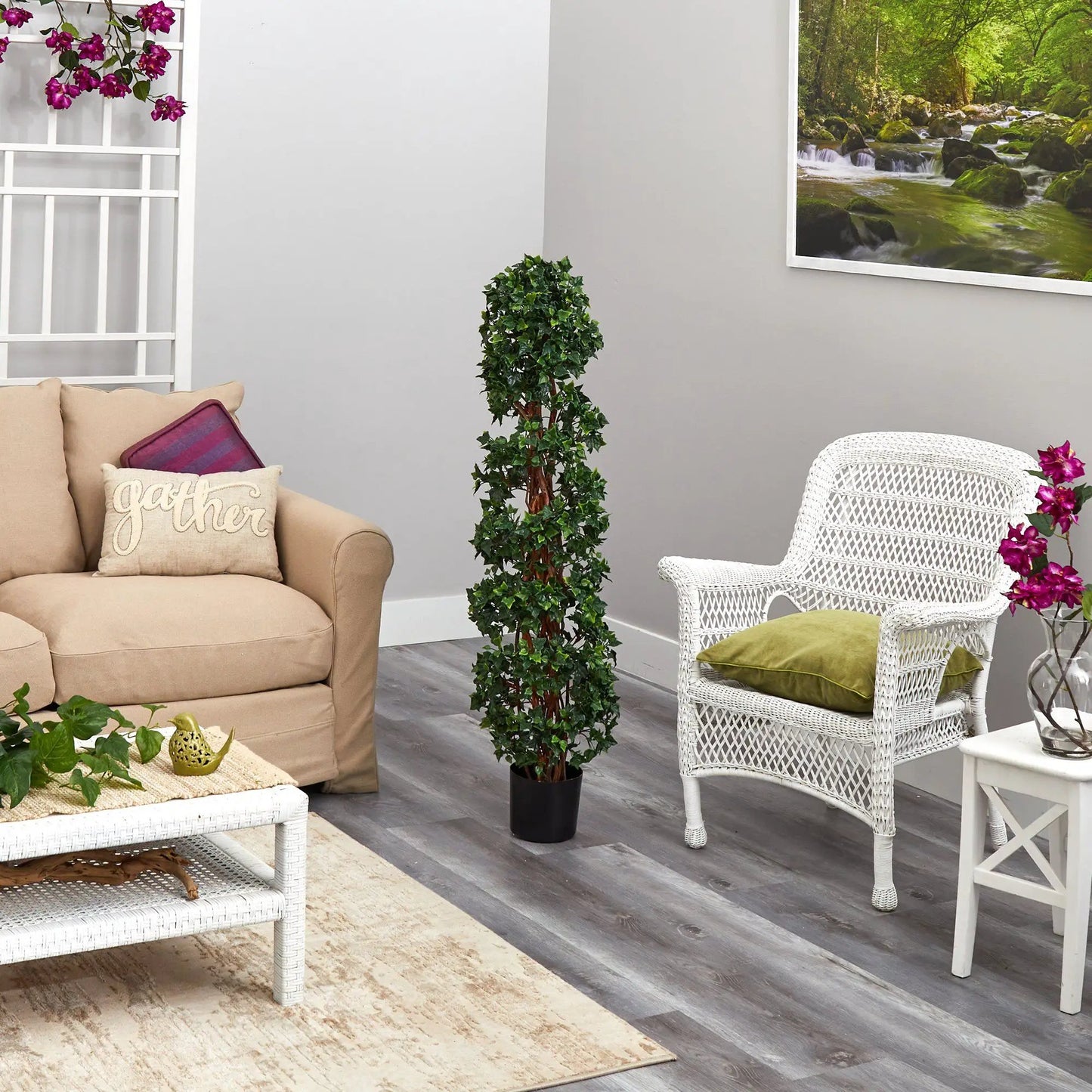 4.5 ft artificial English Ivy Spiral Topiary Tree in black pot with lush green ivy leaves on Tampa Home & Garden Store