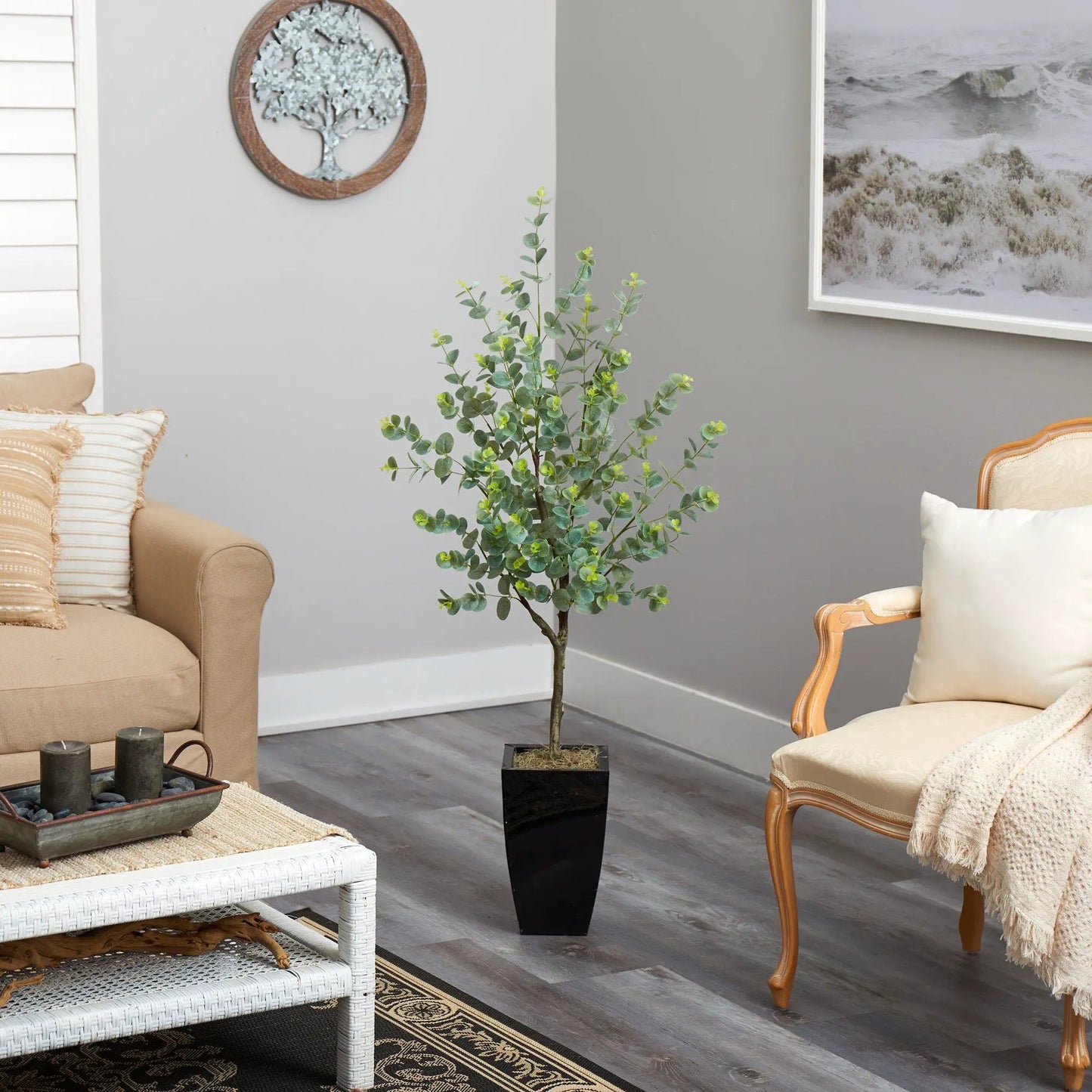 Eucalyptus artificial tree in black metal planter by Nearly Natural with lush green leaves on Tampa Home & Garden Store