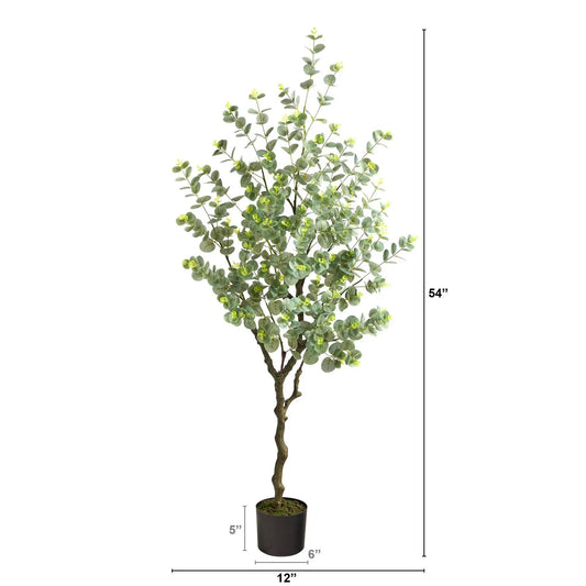 Eucalyptus artificial tree 4.5 ft in black planter with round green leaves Nearly Natural on Tampa Home & Garden Store