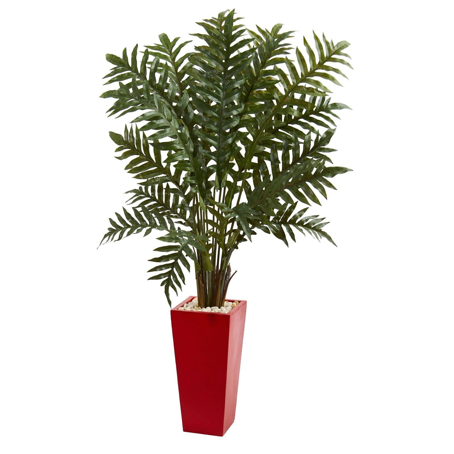 Nearly Natural 4.5’ Evergreen artificial plant in a red tower vase with white pebbles on Tampa Home & Garden Store