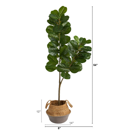 Nearly Natural 4.5’ fiddle leaf fig artificial tree in boho white woven planter with leaves on Tampa Home & Garden Store