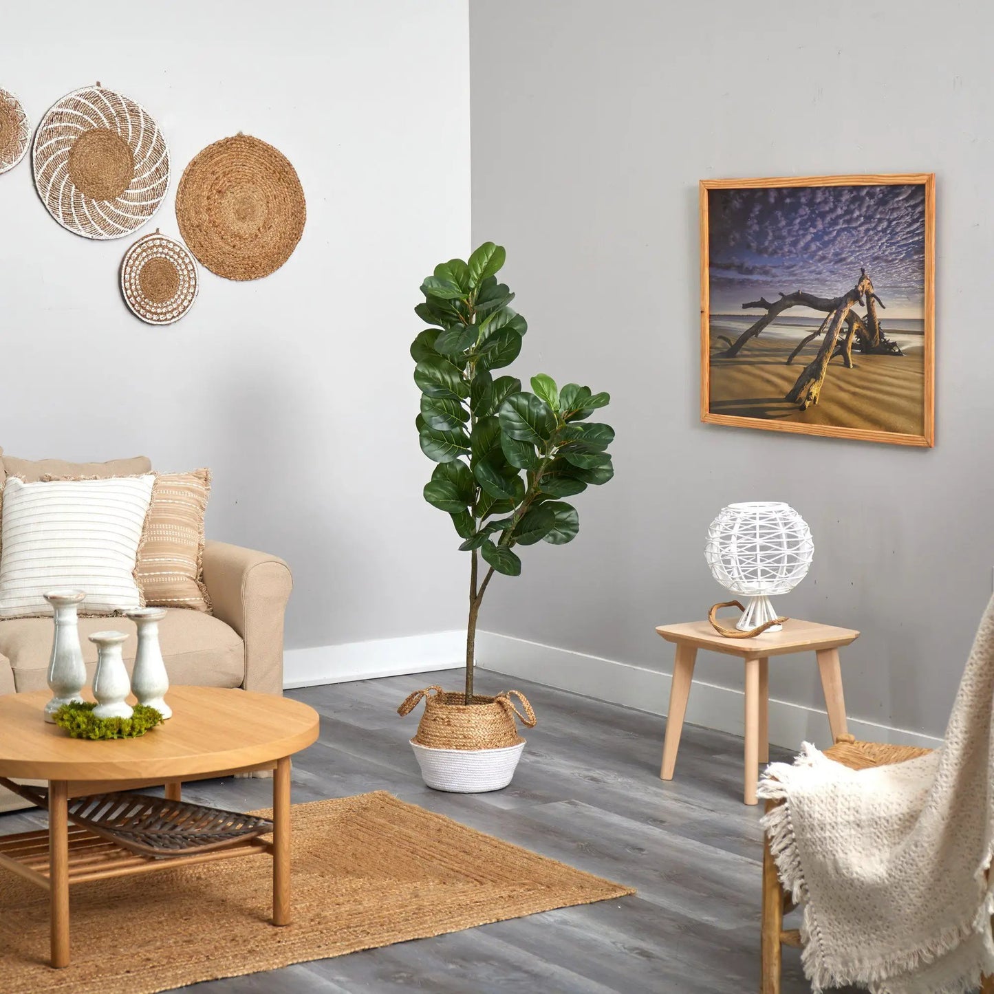 4.5 ft fiddle leaf fig artificial tree in a boho white woven planter Nearly Natural on Tampa Home & Garden Store