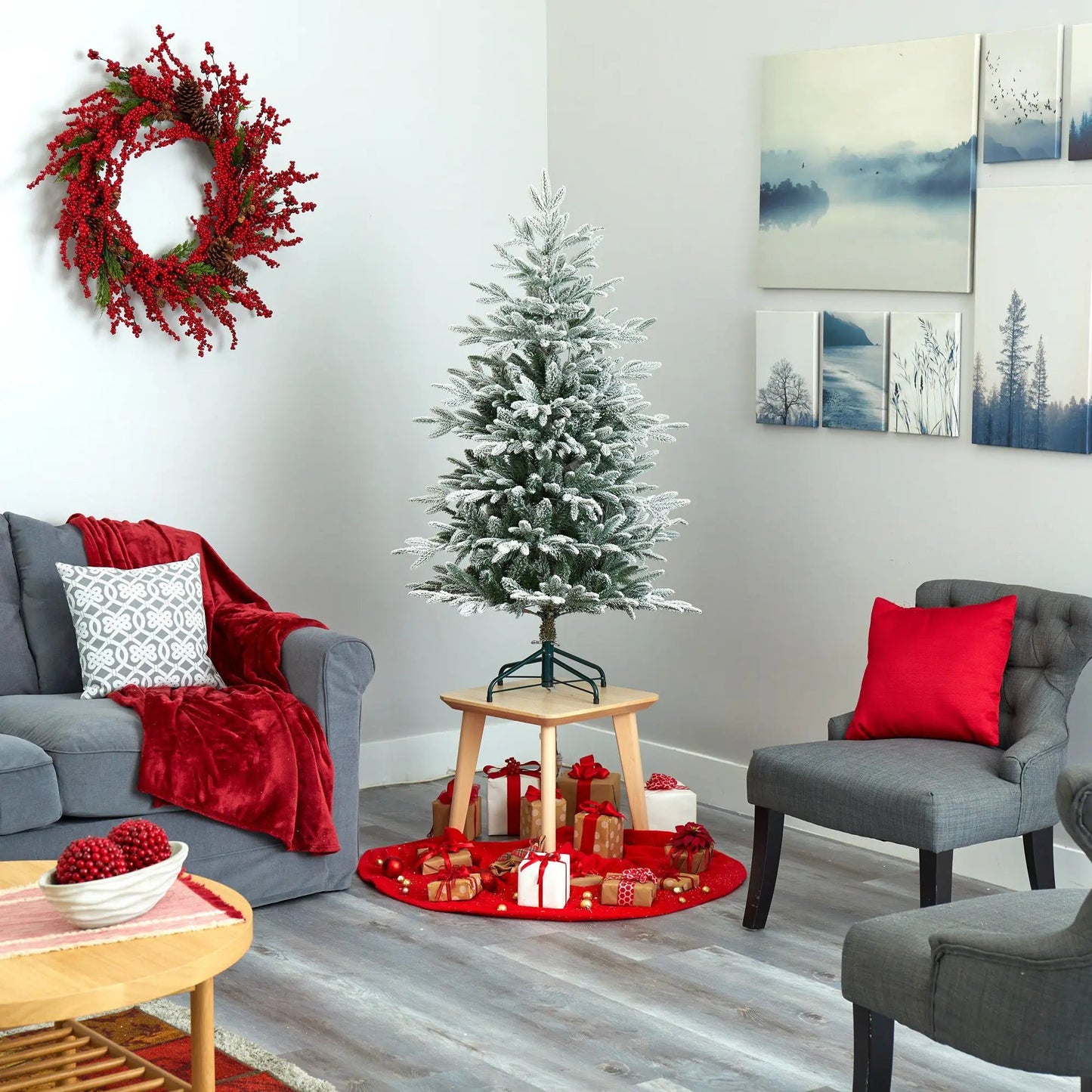Flocked Manchester Spruce Christmas Tree by Nearly Natural frosted white artificial tree on Tampa Home & Garden Store