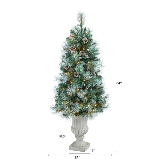 4.5-foot frosted BC Mountain Pine tree with urn, pinecones, warm LED lights on Tampa Home & Garden Store