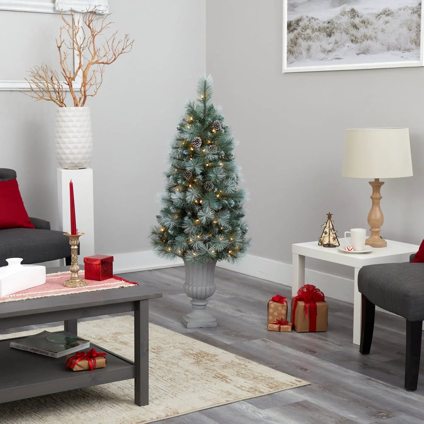 4.5-Foot Frosted BC Mountain Pine Tree With Urn Nearly Natural artificial Christmas tree in a gray urn with frosted needles on Tampa Home & Garden Store