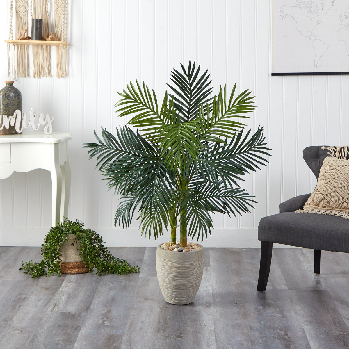 4.5’ Golden Cane Palm artificial tree in oval planter by Nearly Natural with pebble top on Tampa Home & Garden Store