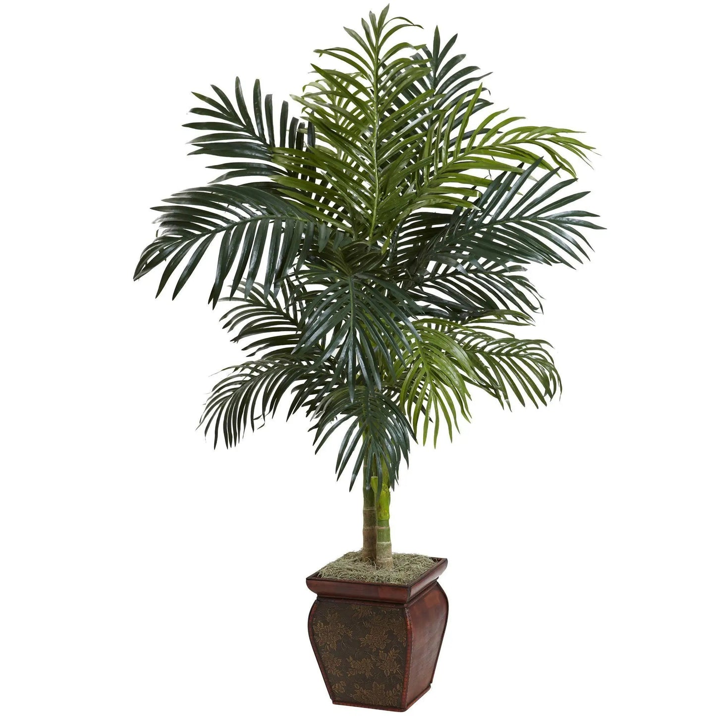 Nearly Natural 4.5 ft Golden Cane Palm in decorative wooden planter with moss bed on Tampa Home & Garden Store