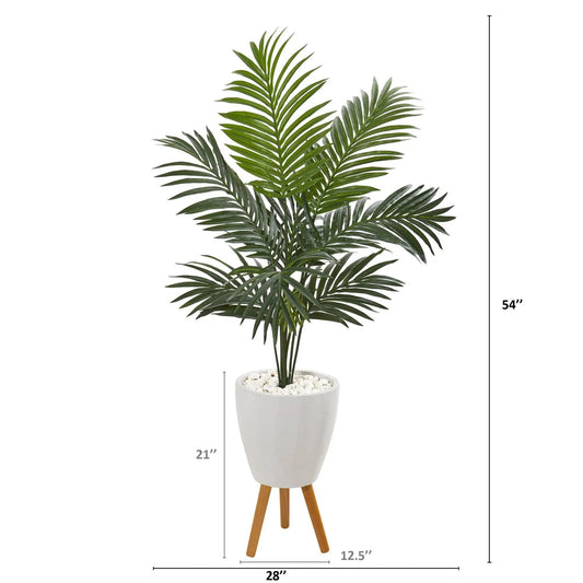 Kentia Palm Tree in white planter with legs, Nearly Natural artificial palm with fronds on Tampa Home & Garden Store