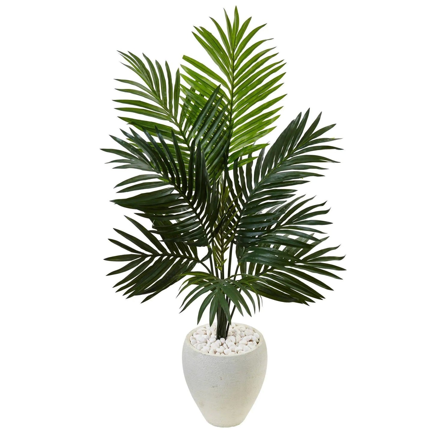 4.5 ft Kentia Palm Tree by Nearly Natural in white oval planter with white pebble fill on Tampa Home & Garden Store