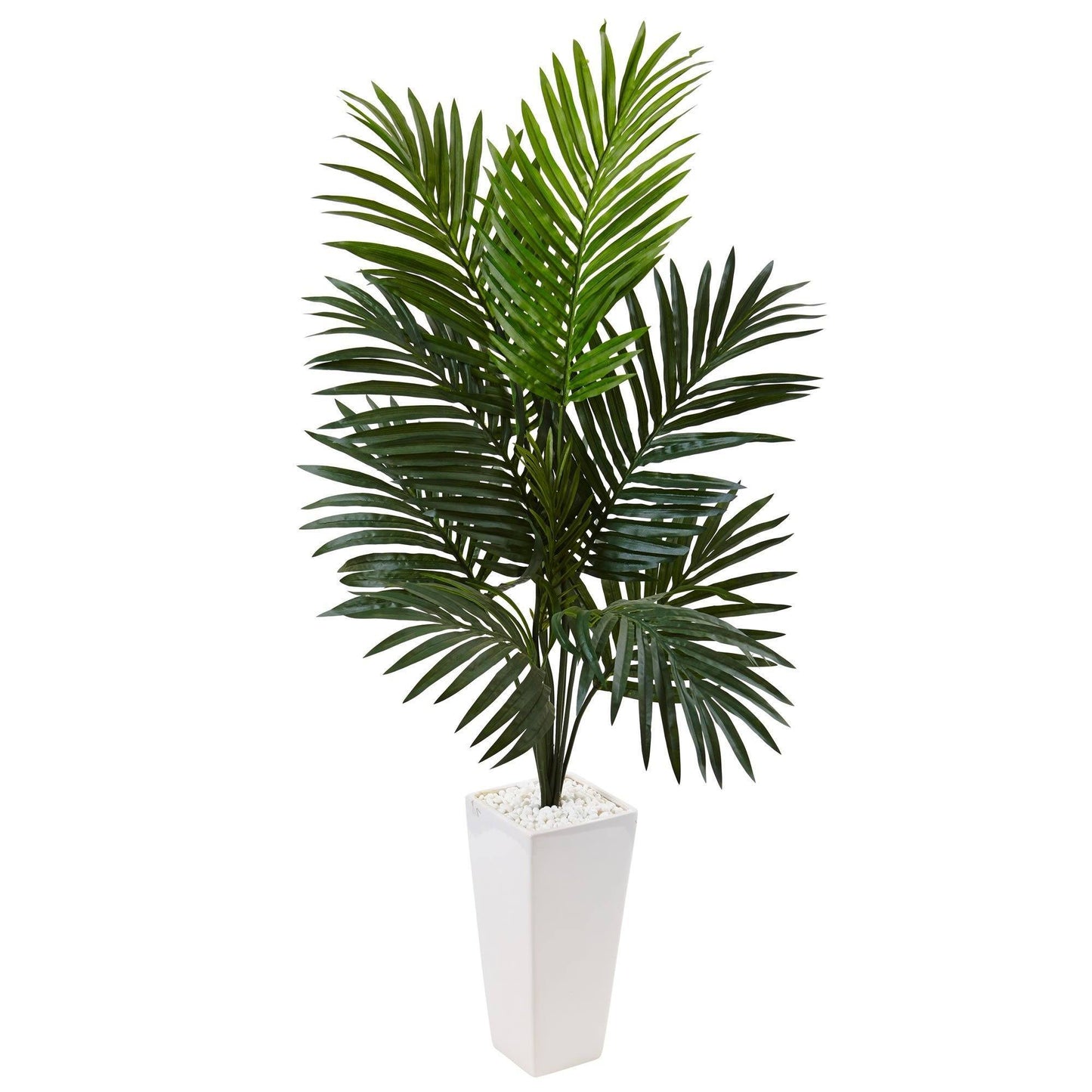 Kentia Palm Tree in White Tower Planter; green artificial fronds with white decorative stones on Tampa Home & Garden Store