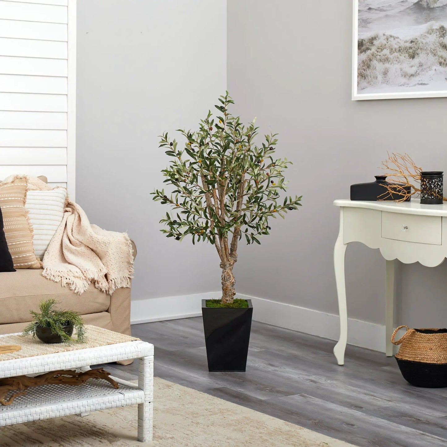 4.5’ Olive Artificial Tree in Black Metal Planter - Tampa Home & Garden Store