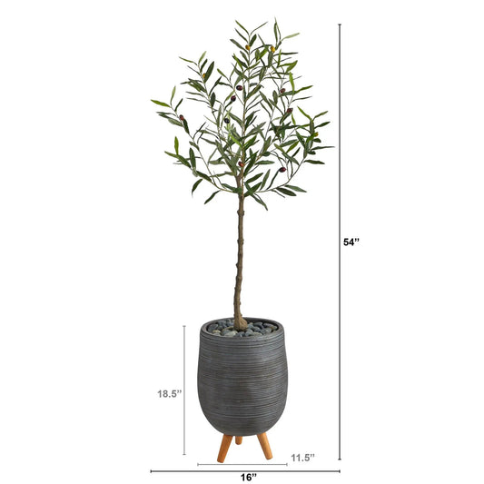 Nearly Natural artificial olive tree in gray ribbed planter on wooden stand on Tampa Home & Garden Store