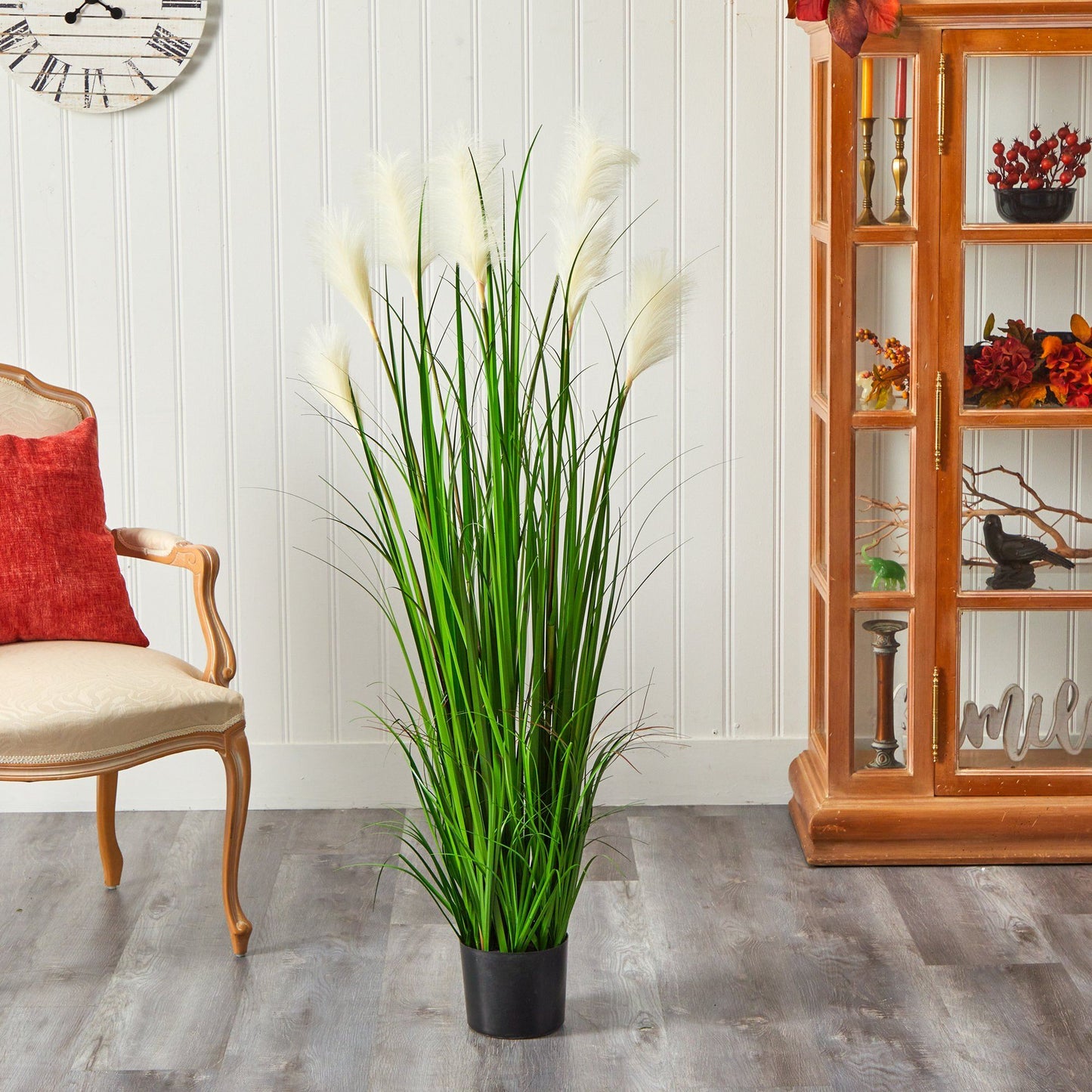 Artificial plum grass plant with creamy plumes, 4.5 ft tall, in a black pot on Tampa Home & Garden Store
