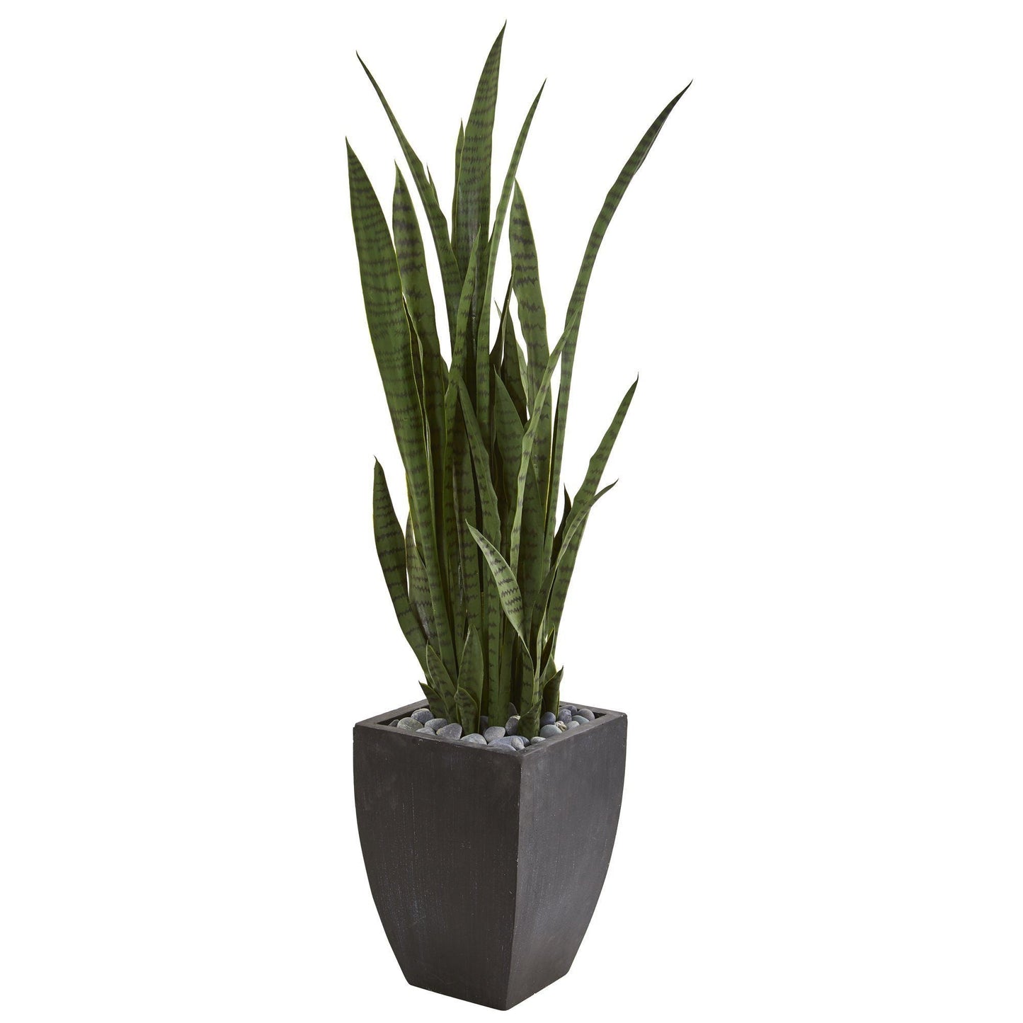 Sansevieria artificial plant in black square planter with gray pebbles on Tampa Home & Garden Store