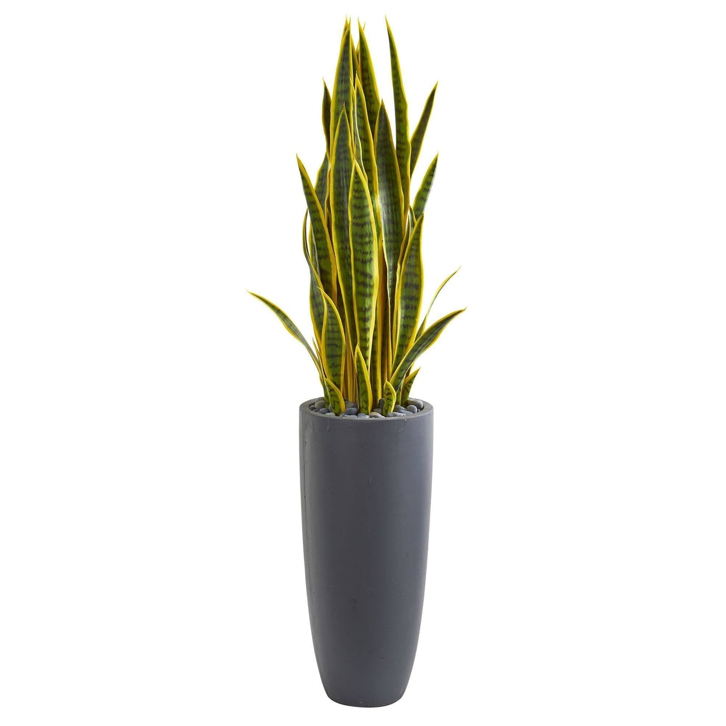 Sansevieria artificial plant 4.5 ft tall with variegated green leaves in a gray planter on Tampa Home & Garden Store