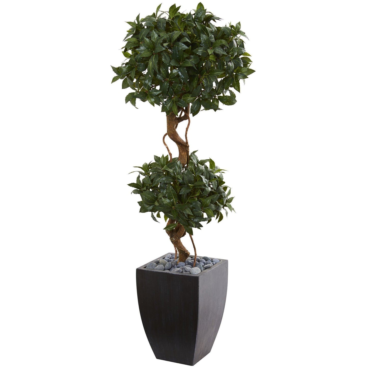 Nearly Natural Sweet Bay Double Topiary Tree in black planter with gray stones on Tampa Home & Garden Store