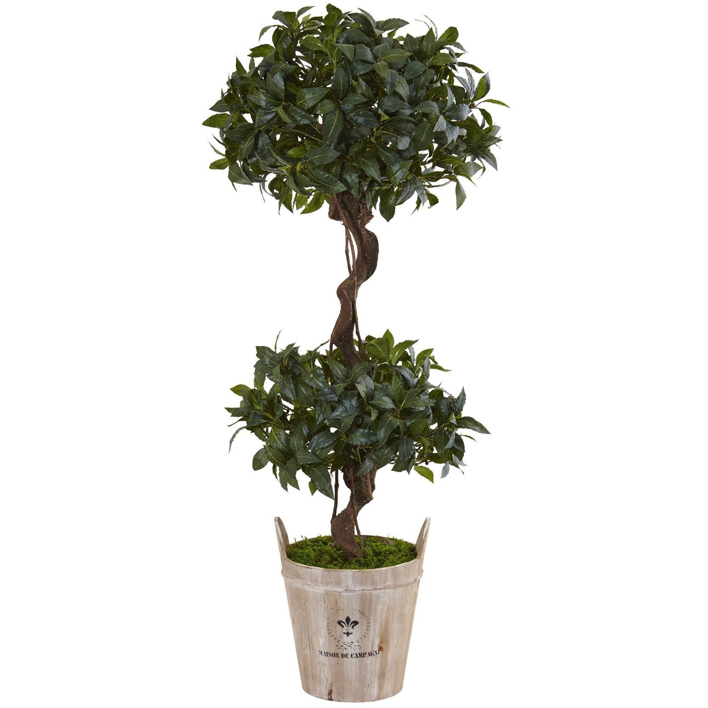 Nearly Natural 4.5’ Sweet Bay Double Topiary in rustic farmhouse planter with twisted trunk and dark green leaves on Tampa Home & Garden Store