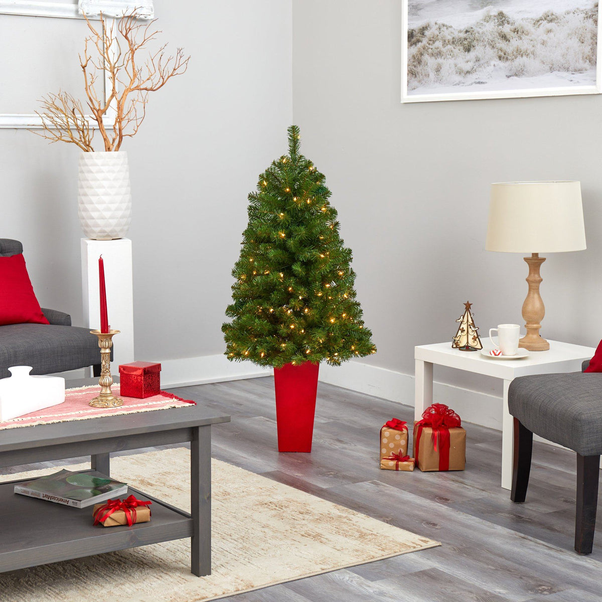 4.5ft Virginia Fir Christmas Tree with 100 clear lights and 223 bendable branches in red planter on Tampa Home & Garden Store