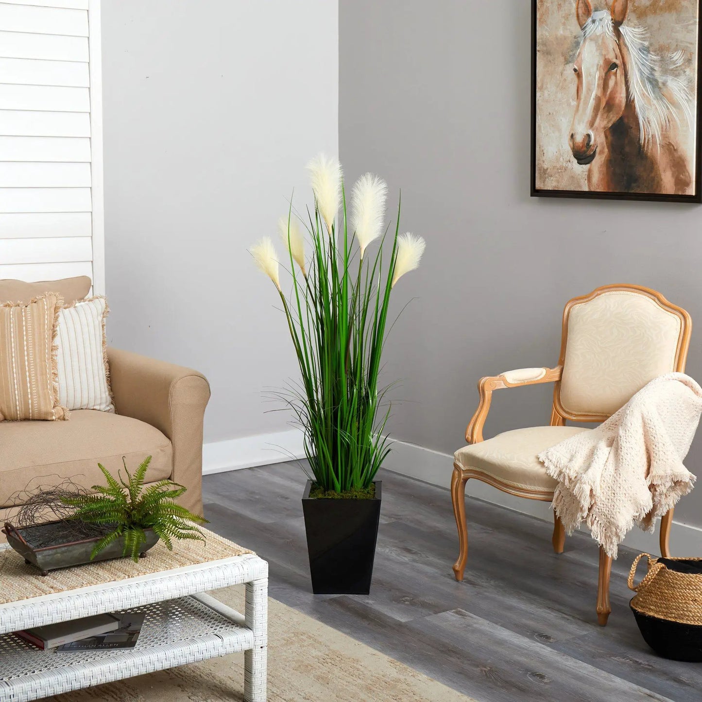 Wheat Plum Grass artificial plant in black square planter with tall white plumes on Tampa Home & Garden Store